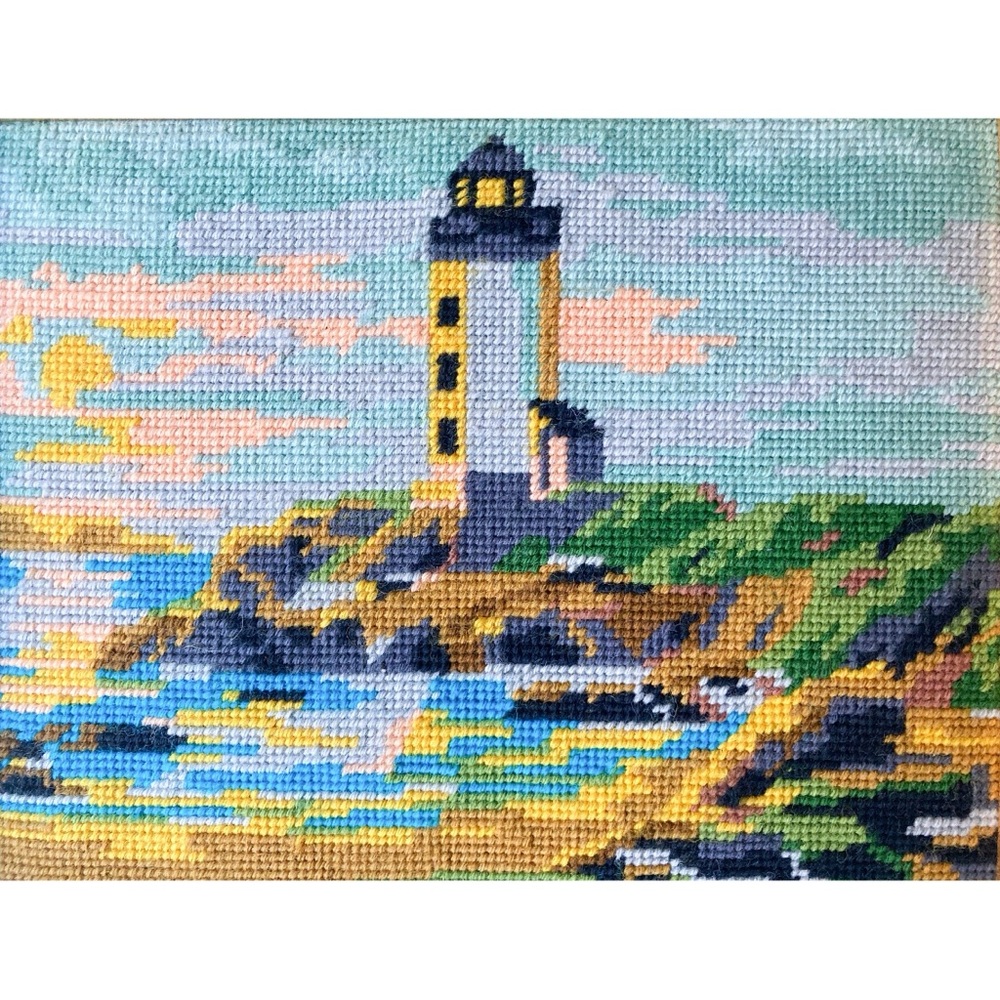 Vintage Framed Lighthouse Needlepoint 1976 Coastal Beach Cottage Wall Decor - Picture 9 of 11